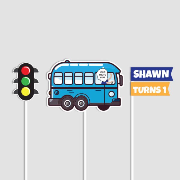 Personalise Driver in Cute Bus, Name Flag and Traffic Light Cake Toppers Combo