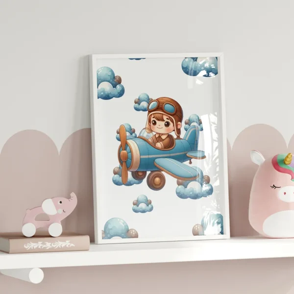 Little Aviator Kawaii Airplane Kids Printable Wall Art – Instant Download