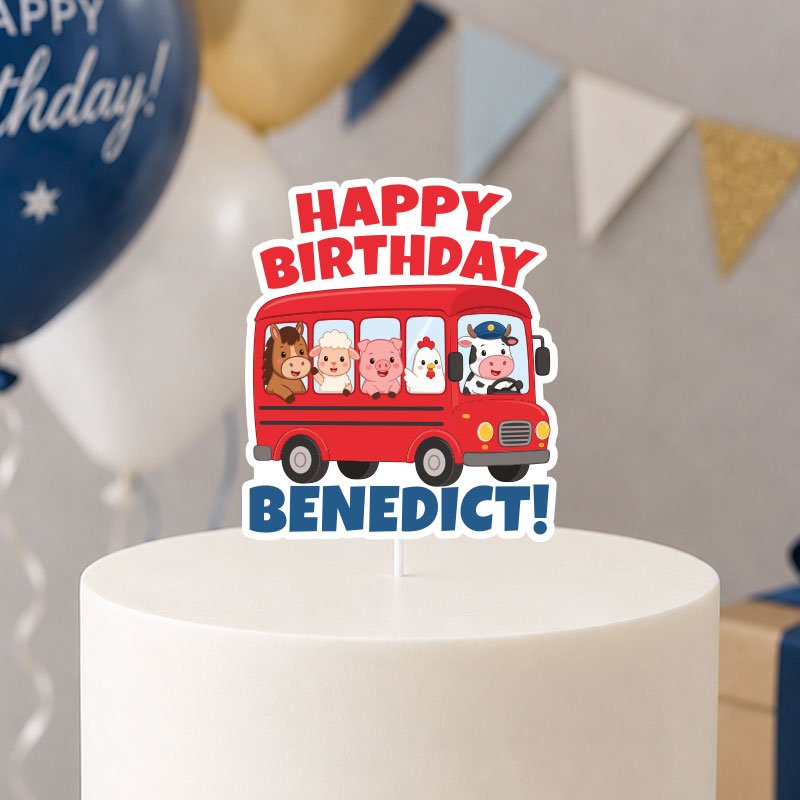 Digital-Mockup-of-a-Personalised-Farm-Animals-in-Red-Bus-Theme-Cake-Topper-Placed-on-Cake