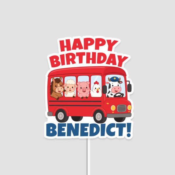 Digital-Mockup-of-a-Personalised-Farm-Animals-in-Red-Bus-Theme-Cake-Topper-Placed-on-stick-grey-background