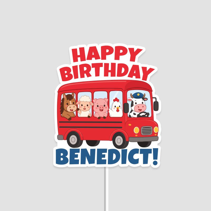 Digital-Mockup-of-a-Personalised-Farm-Animals-in-Red-Bus-Theme-Cake-Topper-Placed-on-stick-grey-background