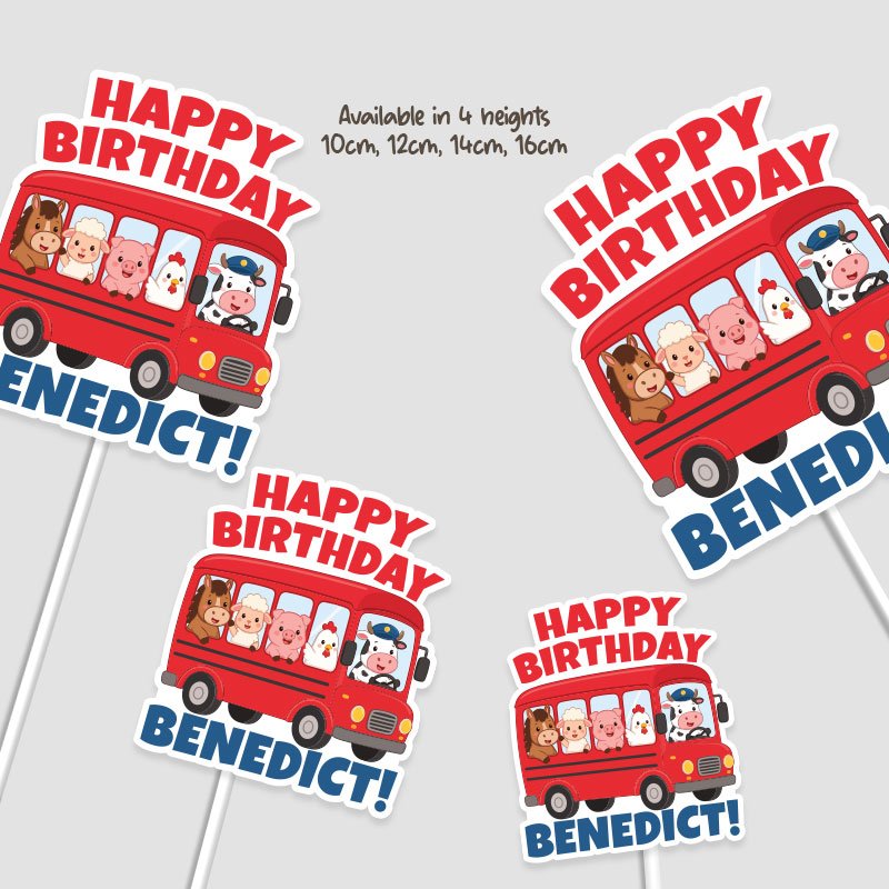 Digital-Mockup-of-a-Personalised-Farm-Animals-in-Red-Bus-Theme-Cake-Topper-in-4-different-widths