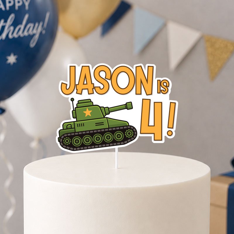 Digital-mockup-of-a-personalised-cute-military-tank-cake-topper-placed-on-cake